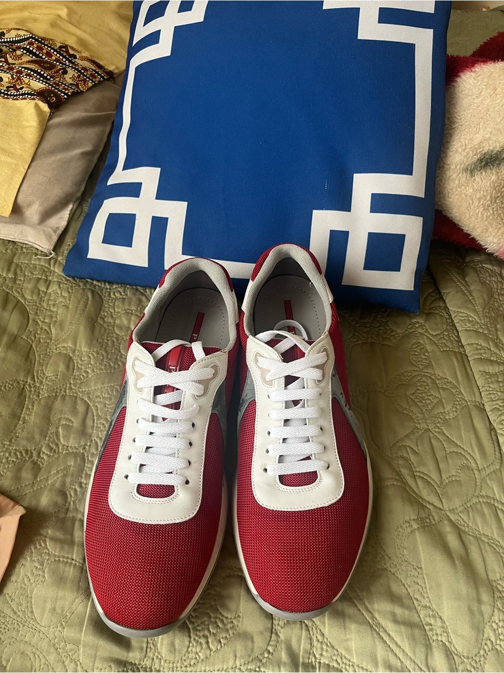 Prada Red and White Mesh Low-Top Sneakers